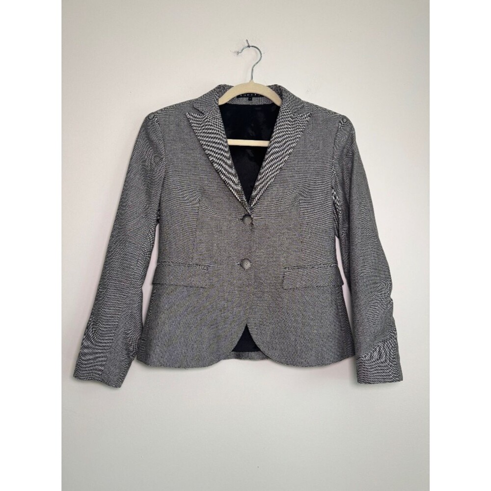 Theory Cotton Wool Blend Grey Herringbone Two Button Blazer | Size 4